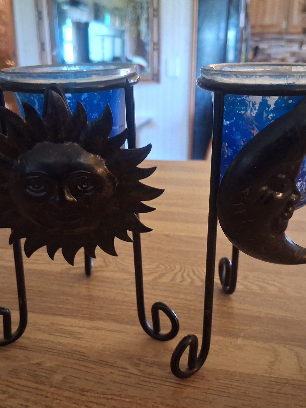 Blue Glass Sun & Moon Tea Light Holders on Black Metal Stands